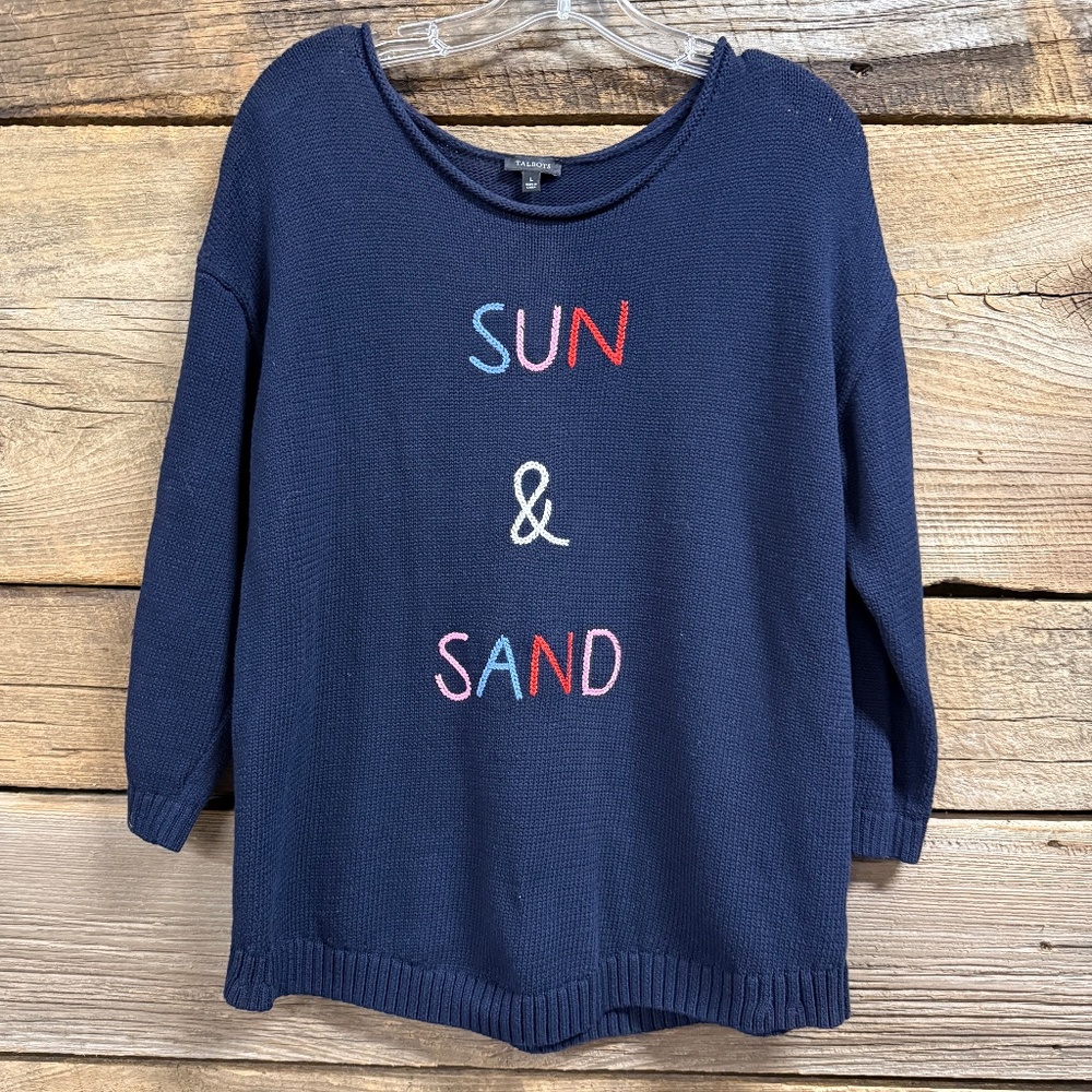 Talbots Sun and Sand embroidered roll neck 3/4 sleeve sweater, Navy, Lg